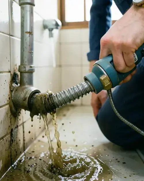 排水管のつまりを解消する専用ワイヤーの作業