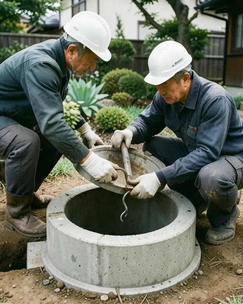 屋外の排水桝を清掃する作業