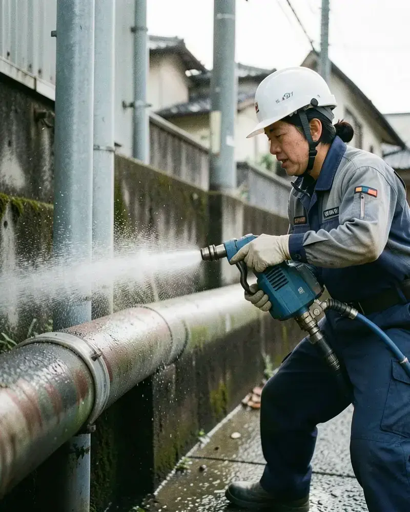 高圧洗浄機で配管内部をクリーニングする作業