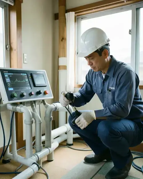 定期メンテナンスで配管を点検する作業